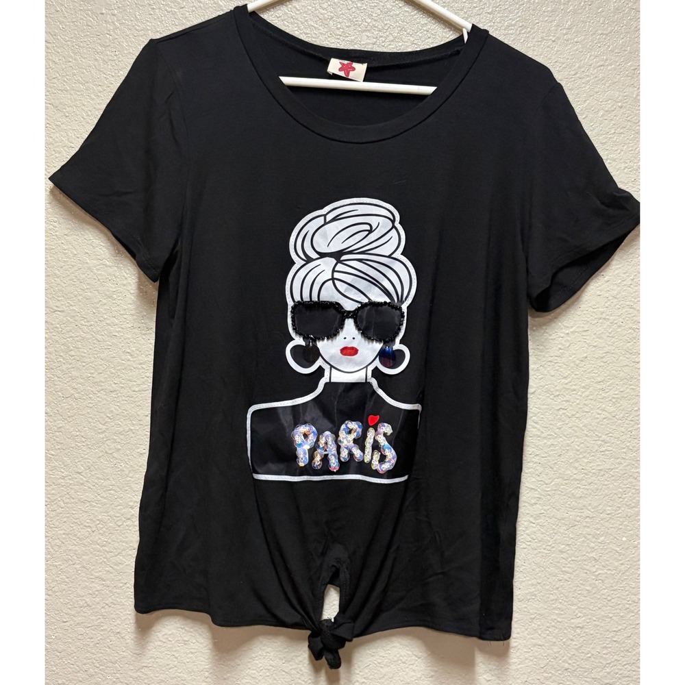 Star Red Paris Graphic Tie Front Tee Black Sequin Beaded Short Sleeve T-Shirt